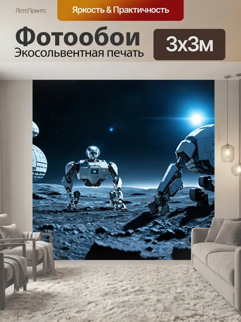 Фотообои ночь в стиле научная фантастика: лунная база с футуристическими зданиями и движущимися роботами
