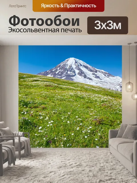 Фотообои гора с ледяными вершинами и травяными склонами, усеянная цветами весной