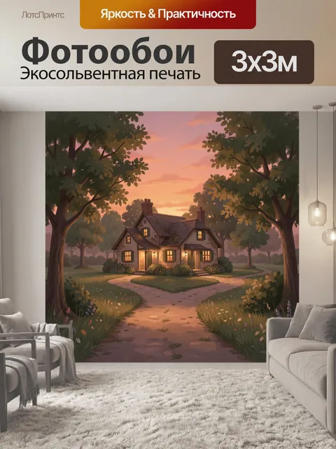 Фотообои Тихий домик в саду на закате