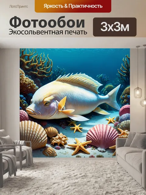 Фотообои гигантская рыба, мирно спящая на морском дне, окруженная яркими ракушками и морскими звездами