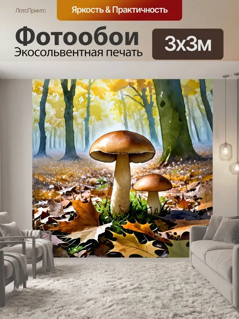 Фотообои около старой дубовой рощи, среди упавших листьев, растут съедобные грибы, утопая в мягком тумане