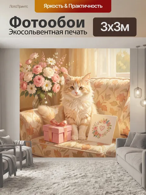 Фотообои Пушистый рыжий кот с подарком