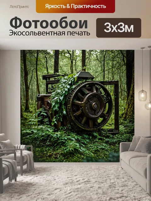 Фотообои природа в стиле дизельпанк, показывающие заброшенные механизмы, покрытые листвой, в таинственном лесу