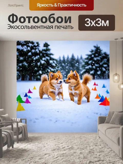 Фотообои на фоне снежного пейзажа весело резвятся шпиц-щенки, скачущие по белому покрывалу снега