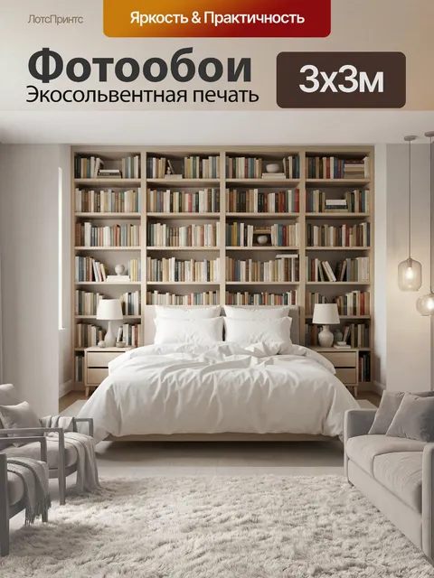 Фотообои Уютная спальня с книжными стеллажами