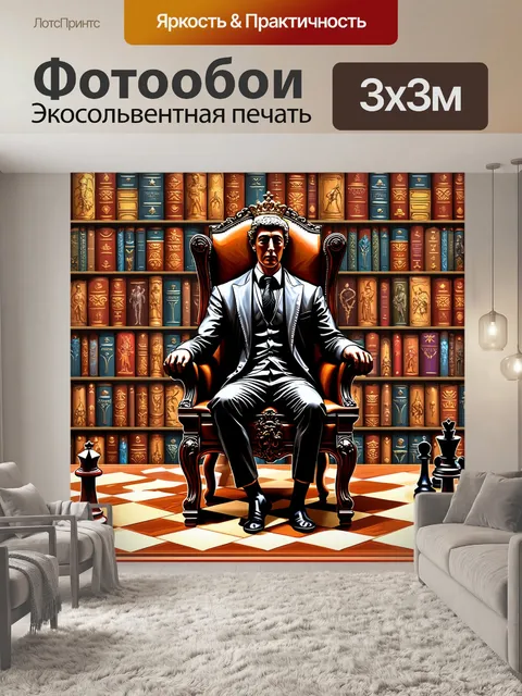 Фотообои король шахмат, сидящий на троне, оформленном в виде большой шахматной доски
