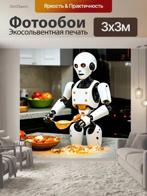 Фотообои юмор: робот, пытающийся сделать приготовление пищи, с явными ошибками и весёлым беспорядком