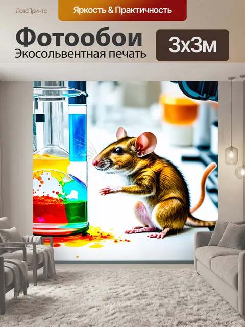 Фотообои забавная крыса, работающая в лаборатории, проводит эксперимент с яркими веществами