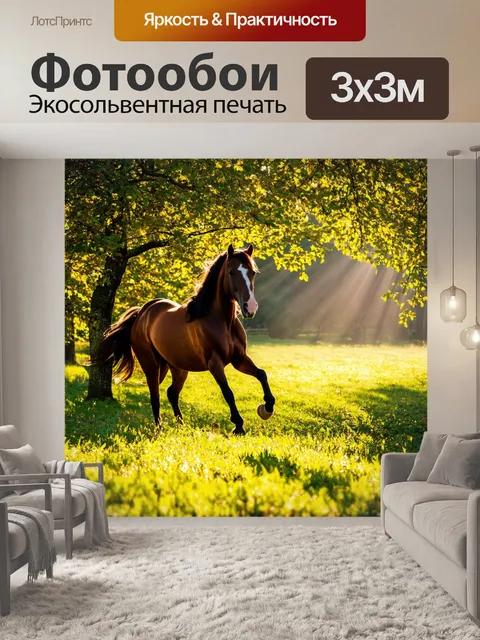 Фотообои лошадь, ловящая солнечные лучи через листву деревьев