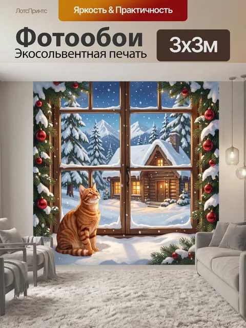 Фотообои Зимний кот у лесного окна