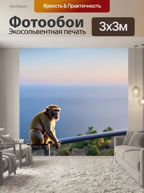 Фотообои обезьяна сидит на перилах смотровой площадки с великолепным видом на море и силуэты на горизонте