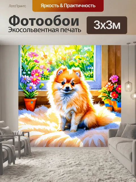 Фотообои миниатюрный шпиц, сидящий на мягком пледе у окна, освещенного теплым солнечным светом