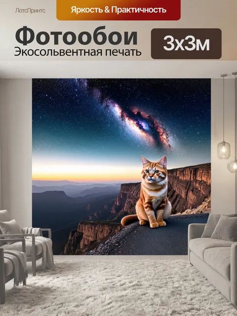 Фотообои Кот на вершине горы, смотрящий на звездное небо с тысячами звезд и яркой галактикой