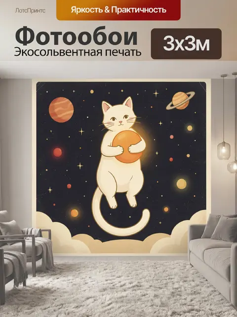 Фотообои Кот в космосе с планетами
