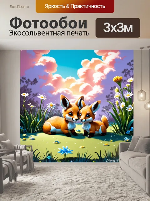 Фотообои на утренней росе в зоопарке два фенека мирно отдыхают на траве, окруженные пушистыми облаками и яркими цветами