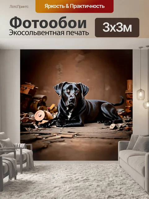 Фотообои лабрадор, черный, лежит на старом деревянном полу, в окружении забытых вещей, в стиле стимпанка, с…