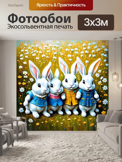 Фотообои на бескрайних полях цветов играют пухлые кролики с яркими глазами
