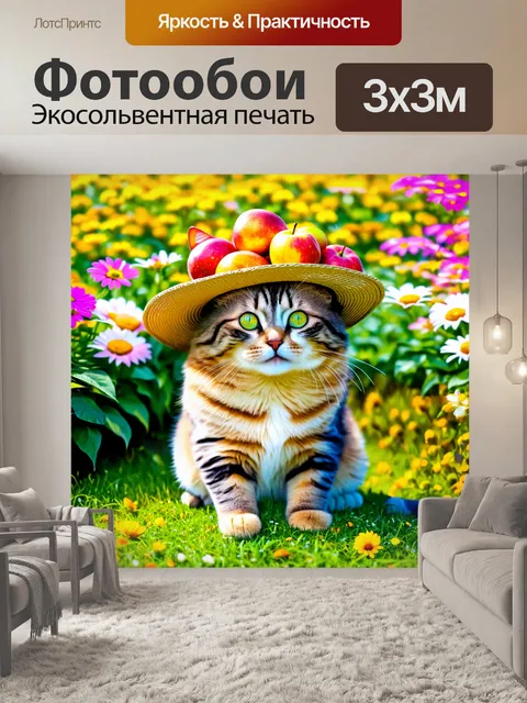Фотообои смешной кот, наслаждающийся шляпой с фруктами в саду, мир вокруг него покорен яркими цветами и утренним…