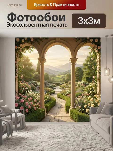 Фотообои Цветущий сад с арками и горами