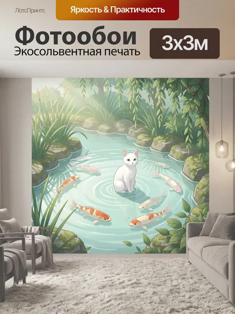 Фотообои Белый кот в пруду с карпами