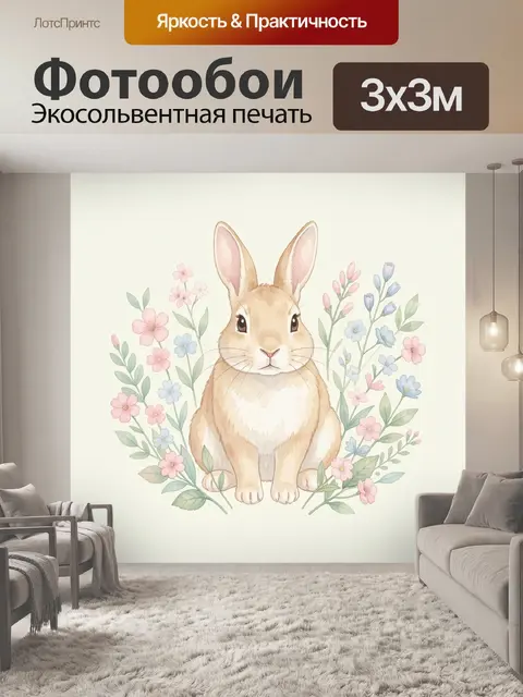 Фотообои Кролик среди весенних цветов