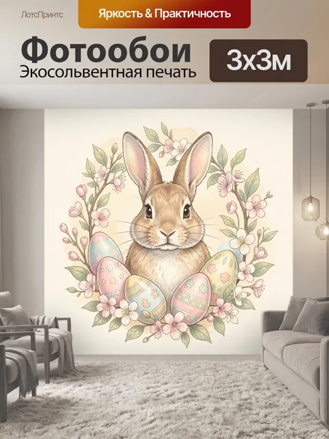 Фотообои Кролик в венке с пасхальными яйцами