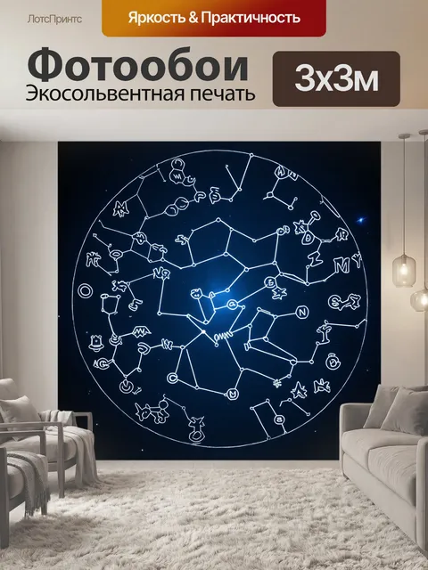Фотообои космос в стиле люминизм, абстрактные формы зодиакальных созвездий, игра света и тени
