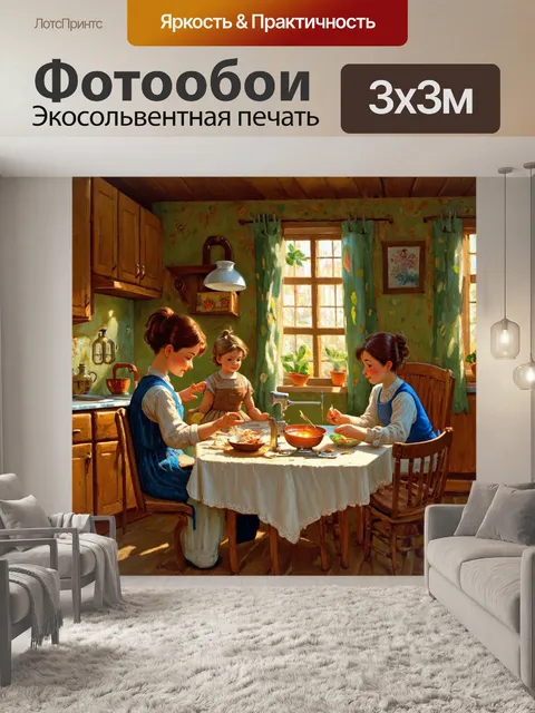 Фотообои воссоздайте сложные сценки с повседневной жизнью в деревенском доме: готовка, шитье и общение
