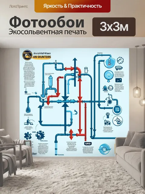 Фотообои изобразите сложную систему водоснабжения, показанную в виде диаграммы с множеством стрелок и элементов