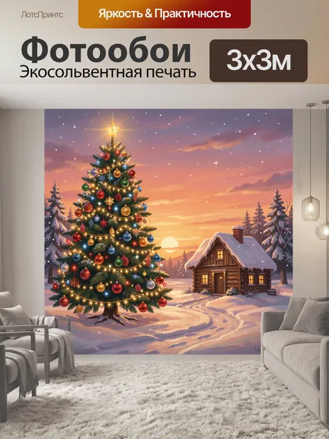 Фотообои Рождественская ёлка у зимней хижины