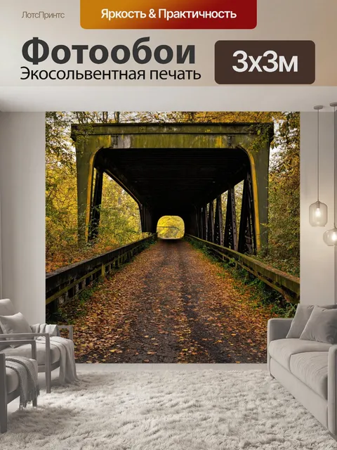 Фотообои печальный мост в заброшенном состоянии, покрытый растениями, с упавшими листьями вокруг
