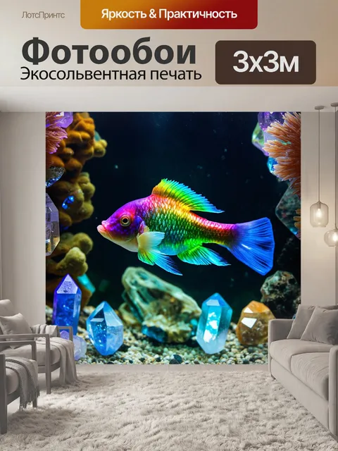 Фотообои рыба, плавающая среди кристаллов, создавая эффект радуги и света
