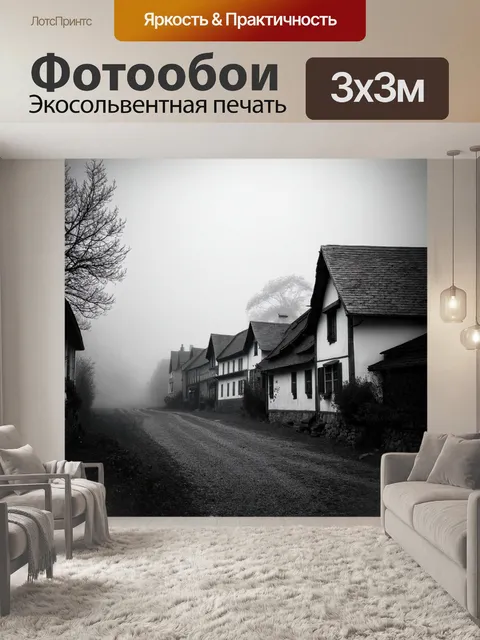Фотообои туман в стиле черно-белый, идиллическая деревня, спокойная и тихая, окутанная туманом