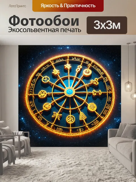 Фотообои космос в стиле фэнтези, с огромным зодиакальным колесом, вращающимся среди звёзд, и светящимися символами