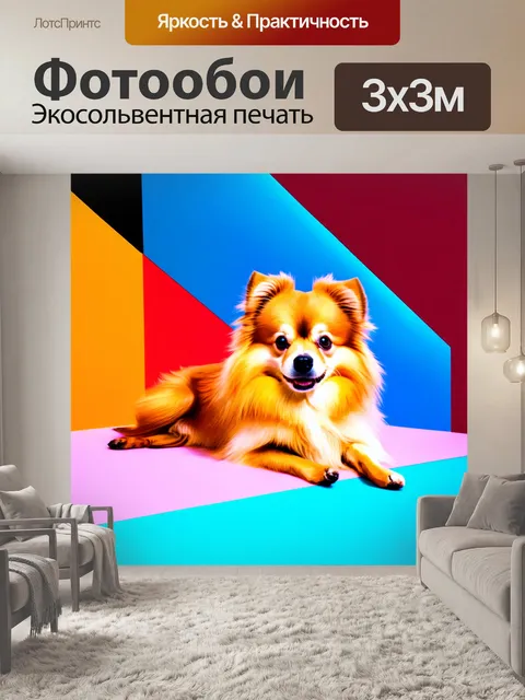 Фотообои модернистский стиль, померанский шпиц, лежащий на цветном геометрическом фоне, где формы пересекаются и…