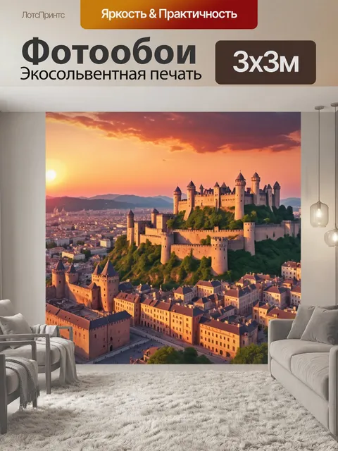 Фотообои город в стиле флэт, изображающий романтический закат над историческими зданиями и крепостями