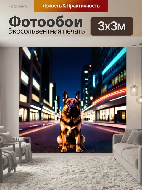 Фотообои ночной городской пейзаж с немецкой овчаркой, наблюдающей за огнями большого города