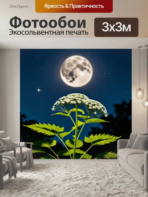 Фотообои борщевик, вечером, когда луна светит на его листья, создавая загадочную атмосферу, окруженную ночными…