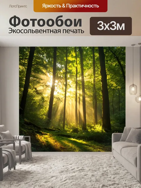 Фотообои светлый фон, на котором изображены таинственные леса с лучами солнечного света, пробивающимися сквозь…