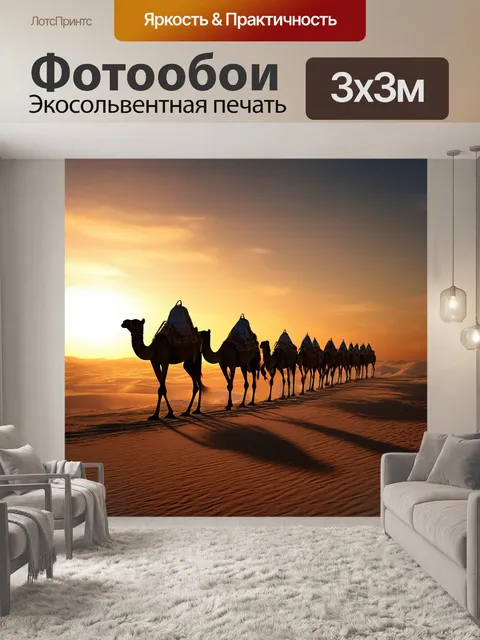 Фотообои верблюд одногорбый, караван животных, закат в пустыне
