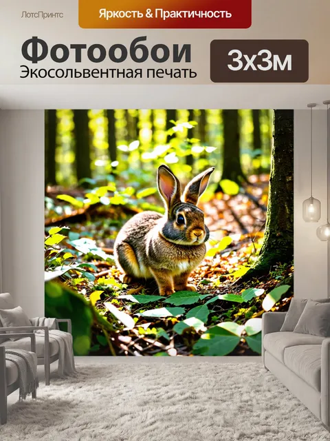 Фотообои зайчик, исследующий густой лес, охвачённый солнечными лучами, пробивающимися сквозь листву