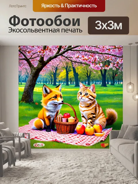 Фотообои лиса и кошка на пикнике в парке, наслаждающиеся фруктами и сладостями из корзины, на фоне цветущих деревьев