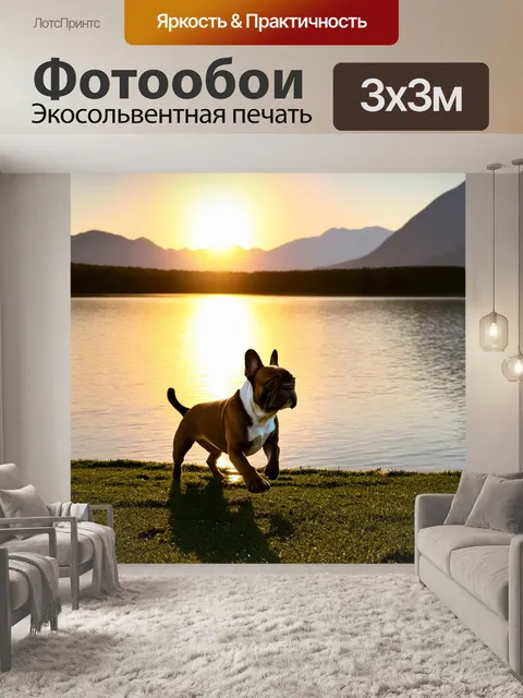 Фотообои на берегу живописного озера, уставившегося в горы, французский бульдог играет с мячиком на фоне заката