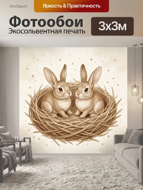 Фотообои Два зайчонка в гнезде из травы