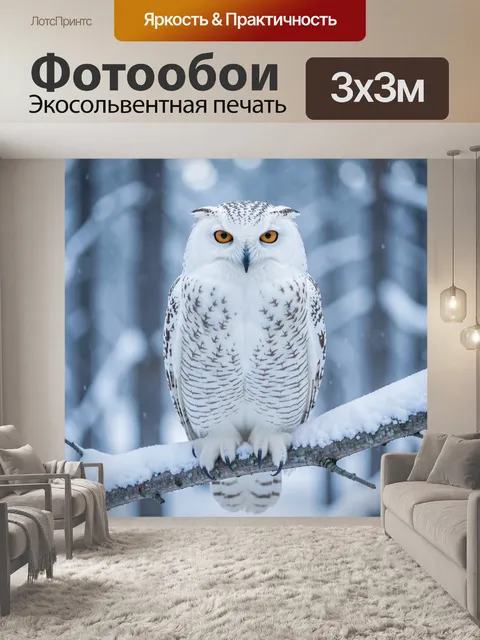 Фотообои Белая сова на заснеженной ветке