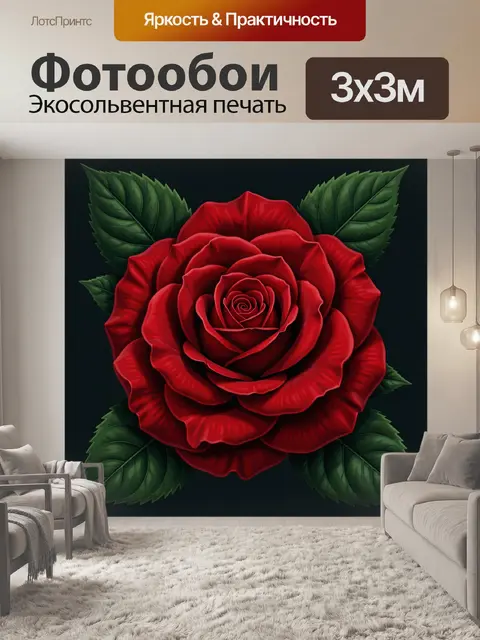 Фотообои Алая роза с зелёными листьями