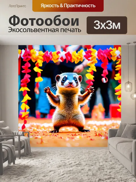 Фотообои смешной хорек, танцующий на фестивале с гирляндами вокруг, художественный стиль с акцентом на детали и…