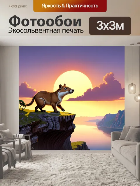 Фотообои капибара, находящаяся на фоне солнечного заката, сидящая на высоком утесе, создавая ощущение бесконечности