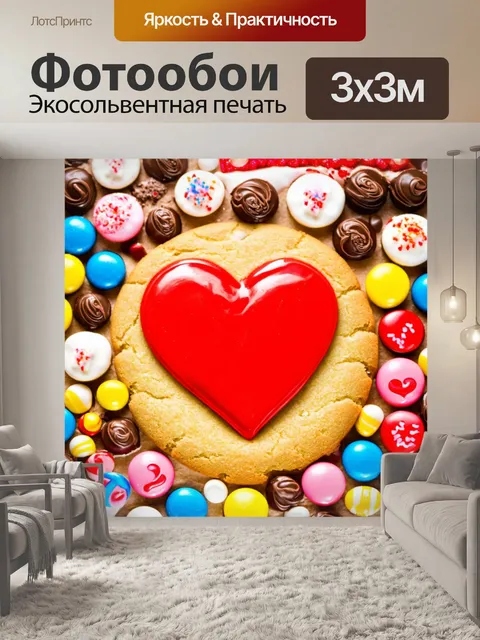 Фотообои сердечко, вылепленное из глазури на печенье, окруженное разнообразными сладостями и десертами