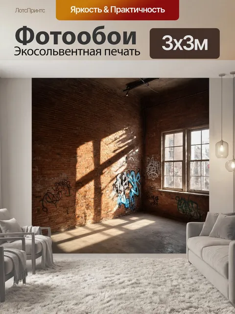 Фотообои лофт, изображающие крупный план кирпичной стены с обветренными следами времени и искусными граффити